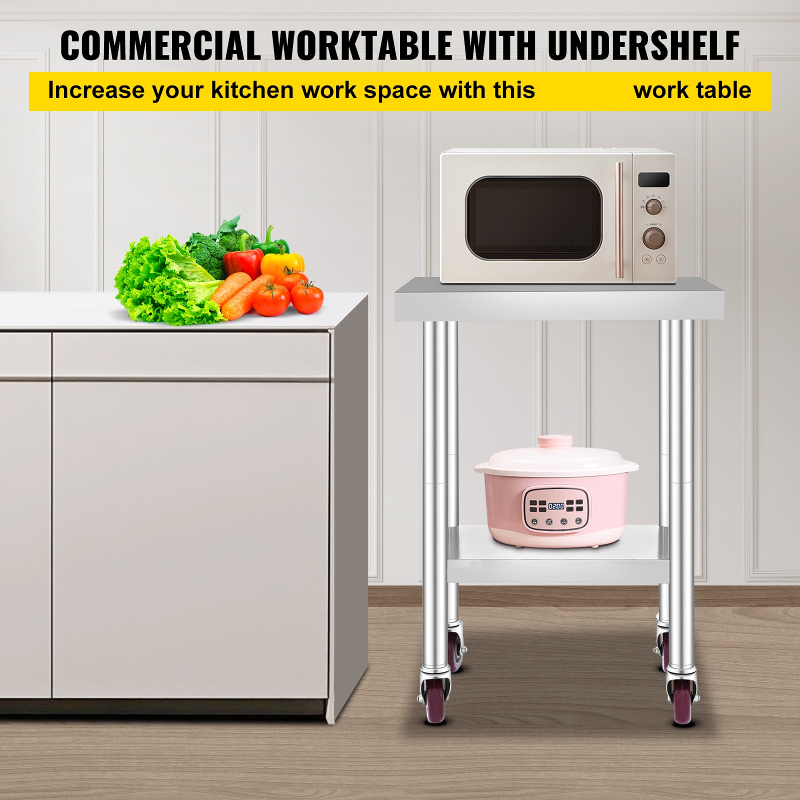Stainless Steel Kitchen Prep Table With Adjustable Shelf And Wheels_voghion.com